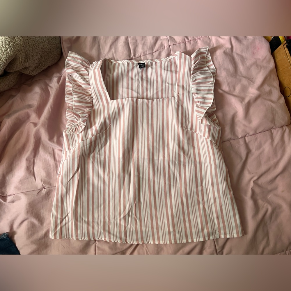 SHEIN Pink and White Striped Ruffle Blouse